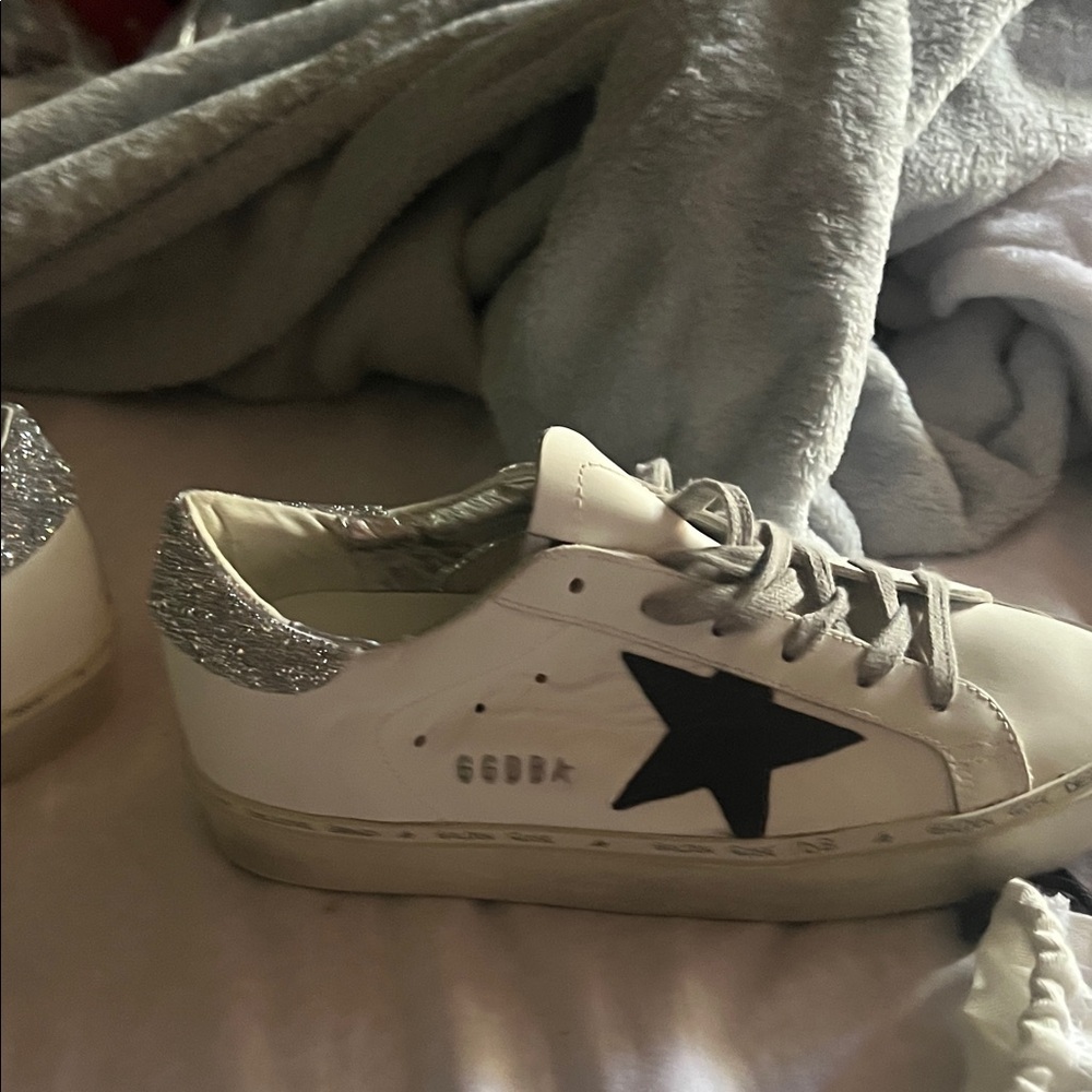 Golden Goose White Sneakers with Silver Glitter and Black Star